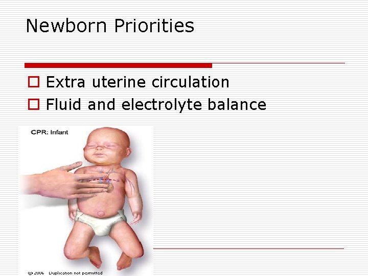 Newborn Priorities o Extra uterine circulation o Fluid and electrolyte balance 