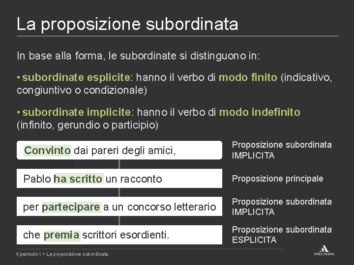 La proposizione subordinata In base alla forma, le subordinate si distinguono in: • subordinate