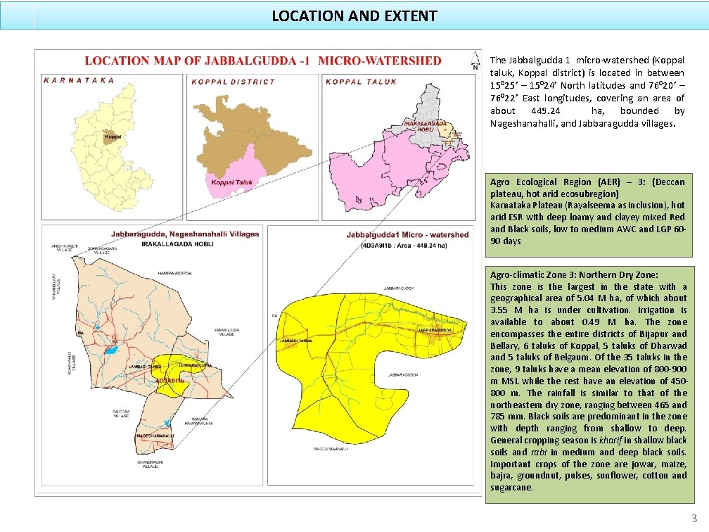 LOCATION AND EXTENT The Jabbalgudda 1 micro-watershed (Koppal taluk, Koppal district) is located in