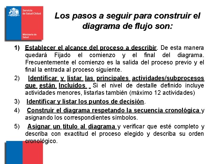 Los pasos a seguir para construir el diagrama de flujo son: 1) Establecer el