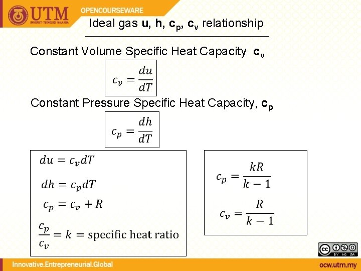 Ideal gas u, h, cp, cv relationship Constant Volume Specific Heat Capacity cv Constant