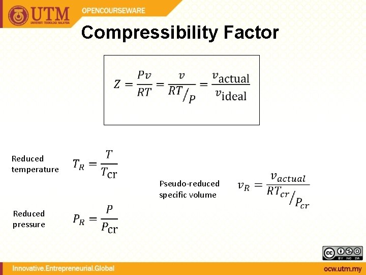 Compressibility Factor Reduced temperature Pseudo-reduced specific volume Reduced pressure 