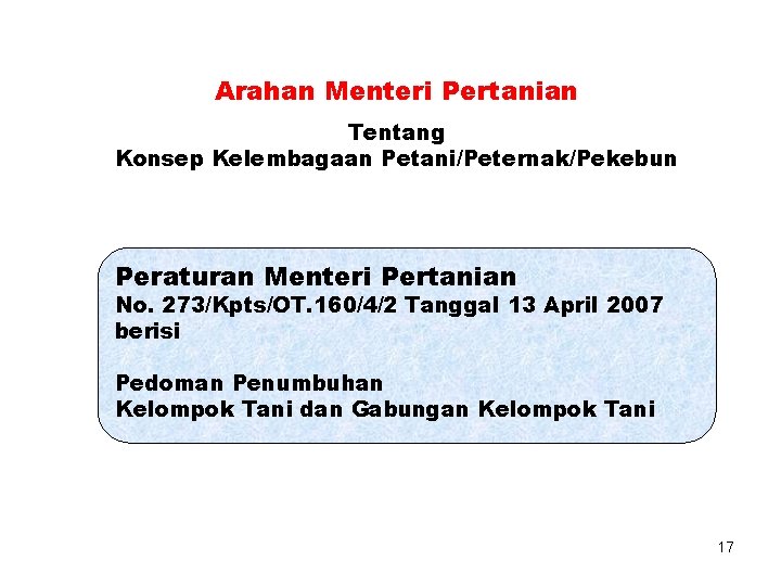 Arahan Menteri Pertanian Tentang Konsep Kelembagaan Petani/Peternak/Pekebun Peraturan Menteri Pertanian No. 273/Kpts/OT. 160/4/2 Tanggal