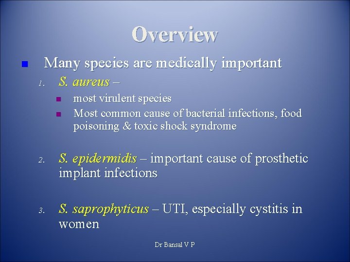 Overview n Many species are medically important 1. S. aureus – n n 2.