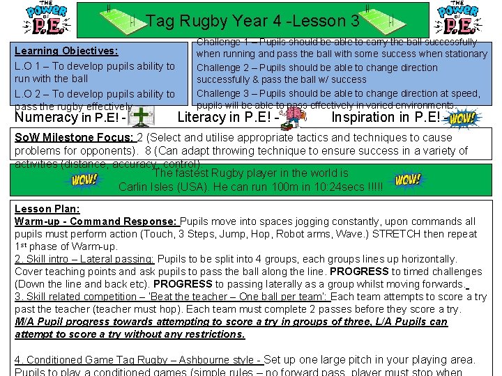 Tag Rugby Year 4 -Lesson 3 Learning Objectives: L. O 1 – To develop