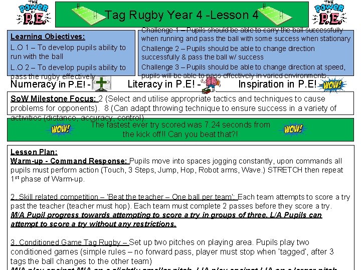 Tag Rugby Year 4 -Lesson 4 Learning Objectives: L. O 1 – To develop