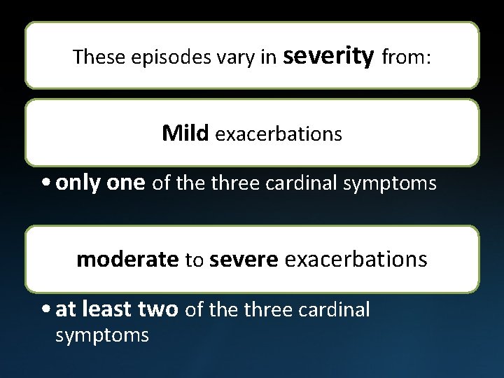 These episodes vary in severity from: Mild exacerbations • only one of the three