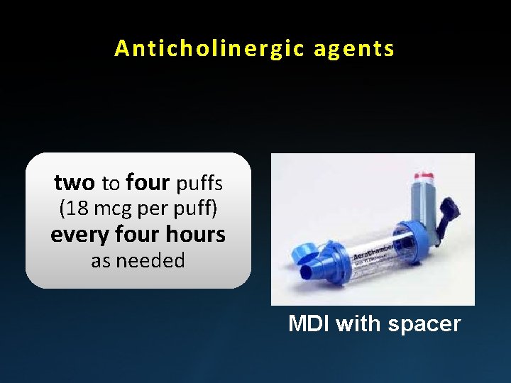 Anticholinergic agents two to four puffs (18 mcg per puff) every four hours as Anticholinergic agents two to four puffs (18 mcg per puff) every four hours as