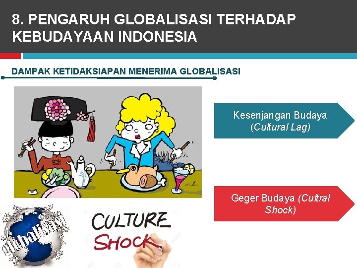 8. PENGARUH GLOBALISASI TERHADAP KEBUDAYAAN INDONESIA DAMPAK KETIDAKSIAPAN MENERIMA GLOBALISASI Kesenjangan Budaya (Cultural Lag)