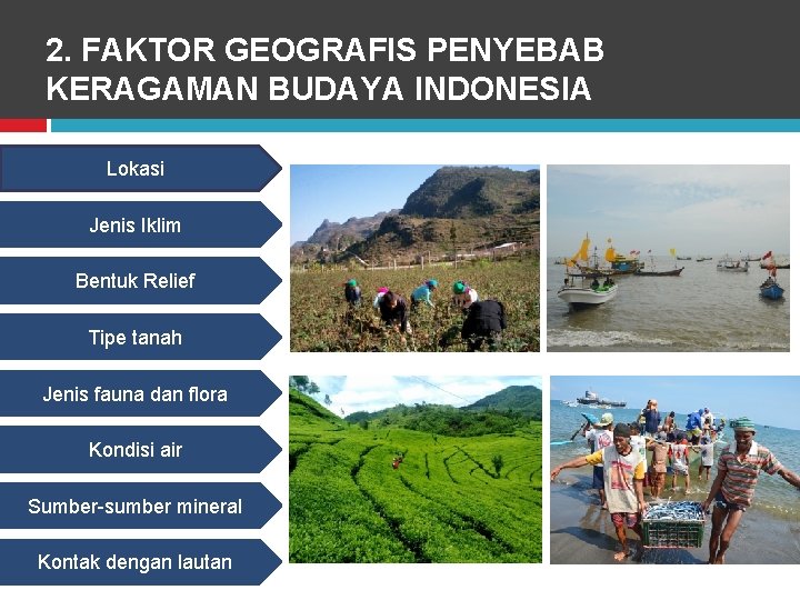 2. FAKTOR GEOGRAFIS PENYEBAB KERAGAMAN BUDAYA INDONESIA Lokasi Jenis Iklim Bentuk Relief Tipe tanah