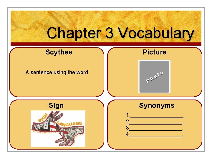 Chapter 3 Vocabulary Scythes Picture A sentence using the word Sign Synonyms 1. _________