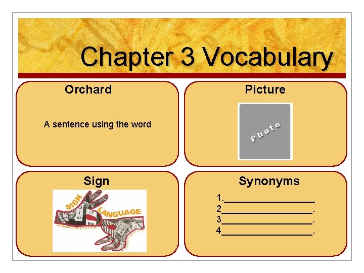 Chapter 3 Vocabulary Orchard Picture A sentence using the word Sign Synonyms 1. _________