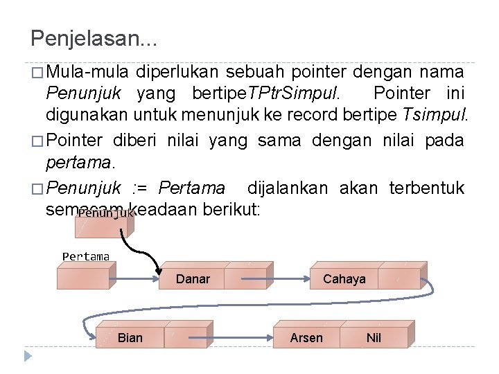 Penjelasan. . . � Mula-mula diperlukan sebuah pointer dengan nama Penunjuk yang bertipe. TPtr.