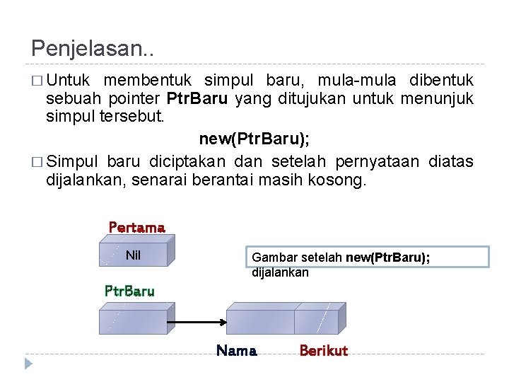 Penjelasan. . � Untuk membentuk simpul baru, mula-mula dibentuk sebuah pointer Ptr. Baru yang