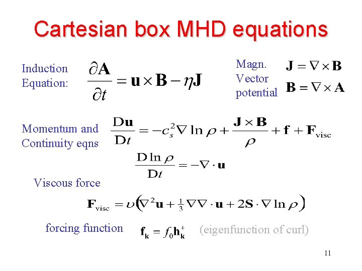 Cartesian box MHD equations Induction Equation: Magn. Vector potential Momentum and Continuity eqns Viscous