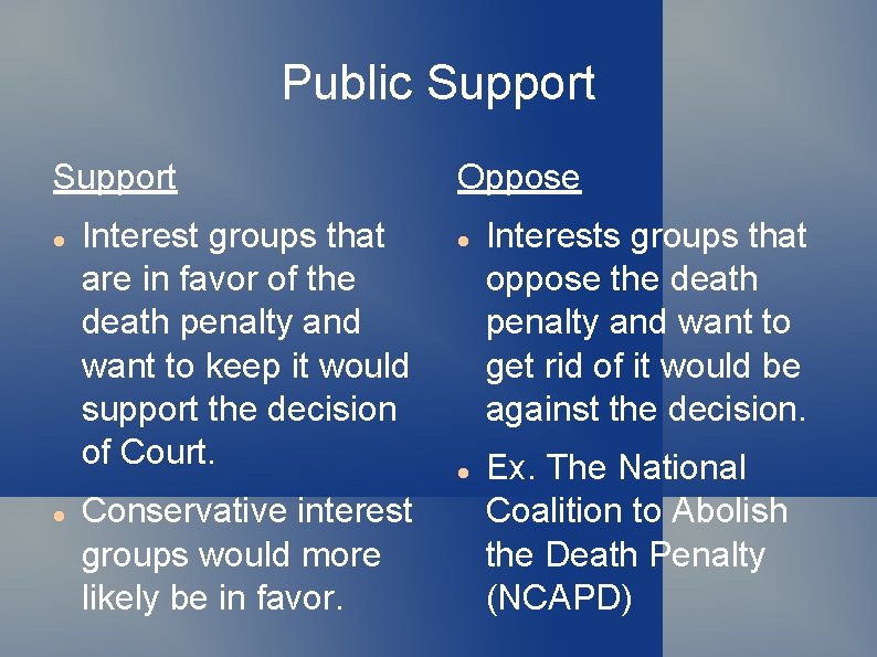Public Support Interest groups that are in favor of the death penalty and want