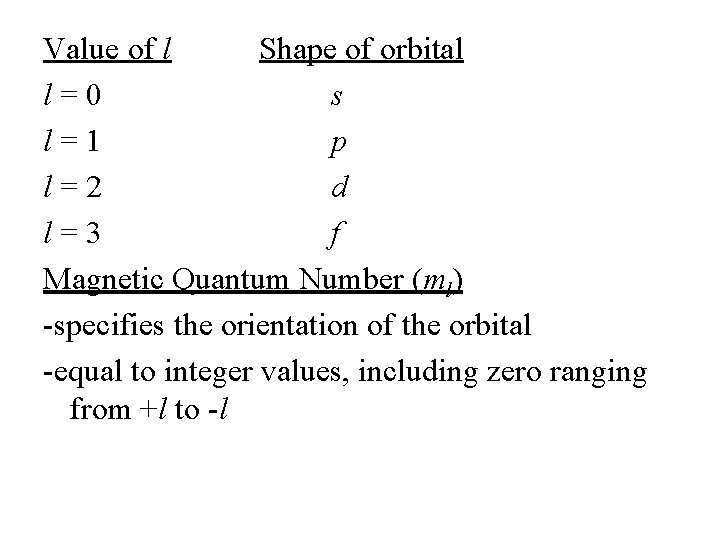 Value of l Shape of orbital l=0 s l=1 p l=2 d l=3 f