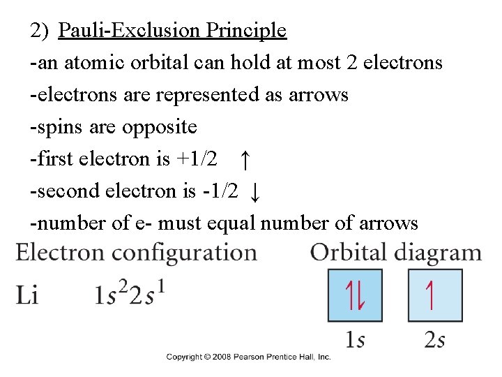 2) Pauli-Exclusion Principle -an atomic orbital can hold at most 2 electrons -electrons are