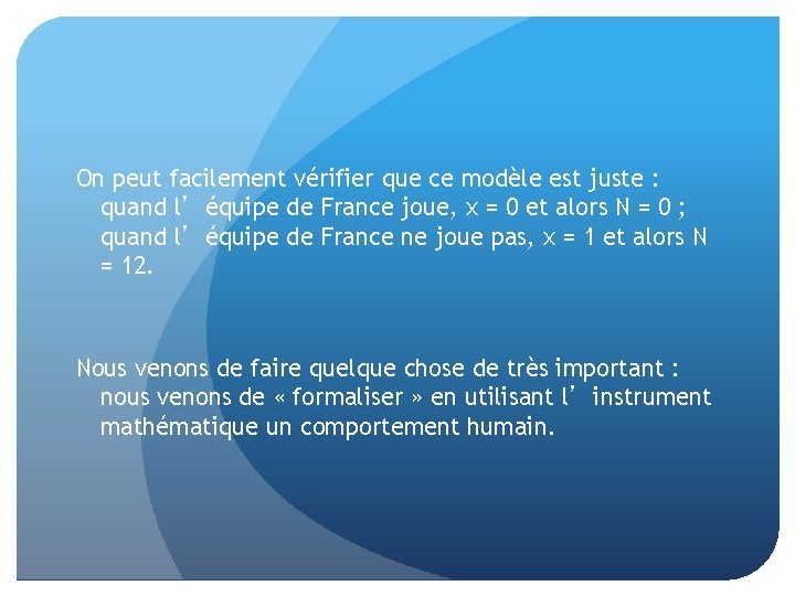 On peut facilement vérifier que ce modèle est juste : quand l’équipe de France