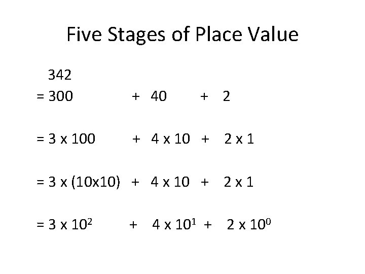 Five Stages of Place Value 342 = 300 + 40 = 3 x 100