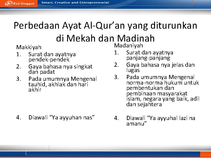Perbedaan Ayat Al-Qur’an yang diturunkan di Mekah dan Madinah Makkiyah 1. Surat dan ayatnya