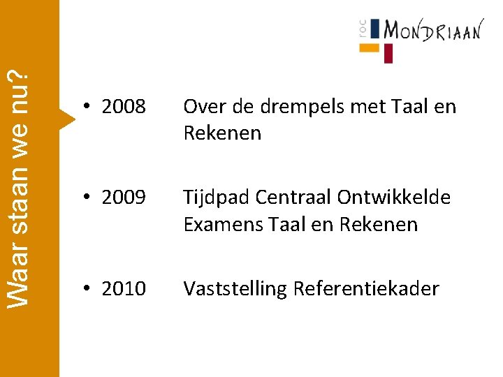 Waar staan we nu? • 2008 Over de drempels met Taal en Rekenen •