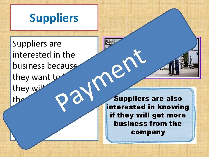 Suppliers are interested in the business because they want to know if they will