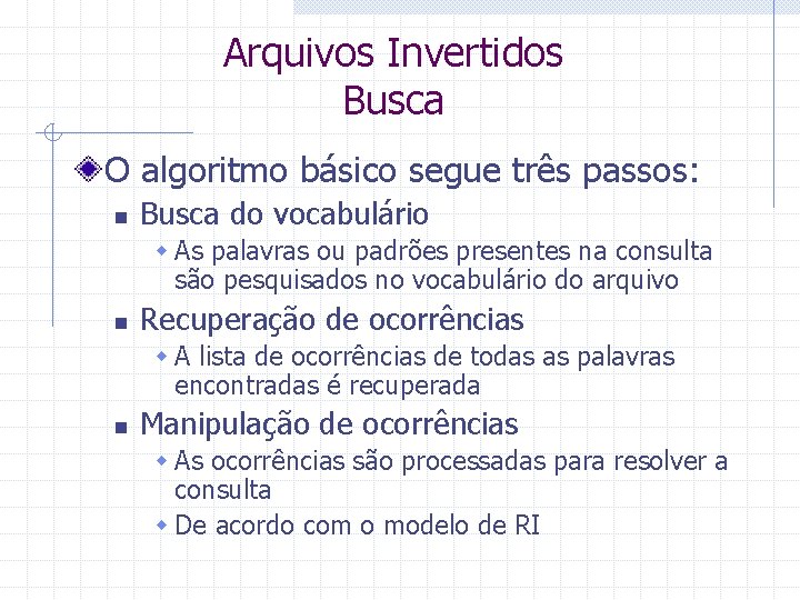 Arquivos Invertidos Busca O algoritmo básico segue três passos: n Busca do vocabulário w