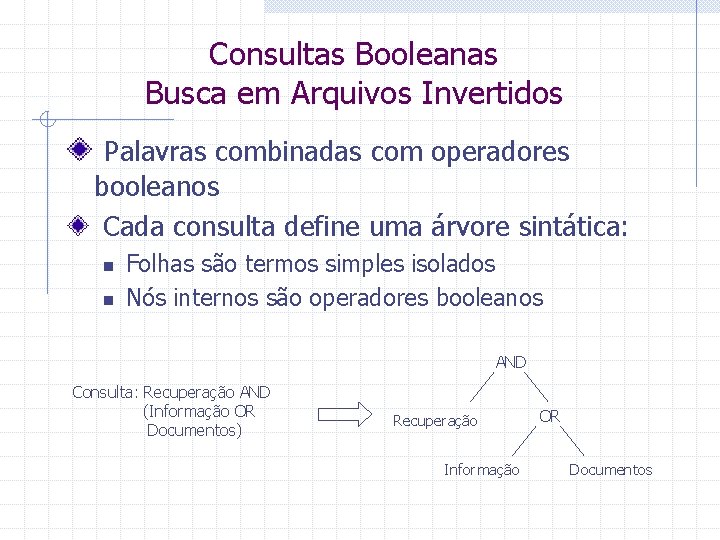 Consultas Booleanas Busca em Arquivos Invertidos Palavras combinadas com operadores booleanos Cada consulta define