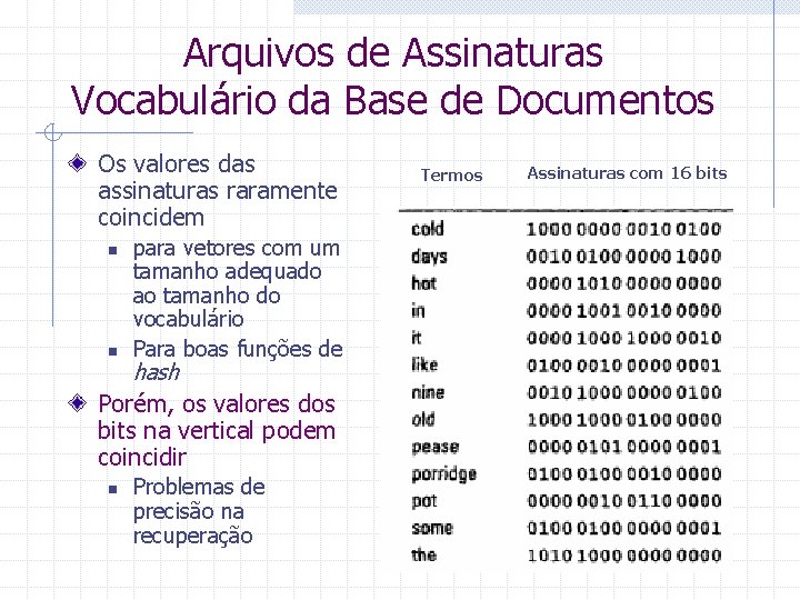 Arquivos de Assinaturas Vocabulário da Base de Documentos Os valores das assinaturas raramente coincidem