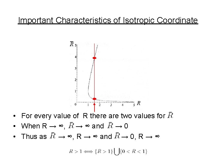 Important Characteristics of Isotropic Coordinate • For every value of R there are two