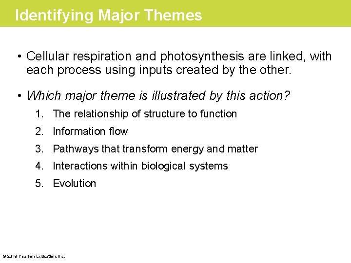 Identifying Major Themes • Cellular respiration and photosynthesis are linked, with each process using