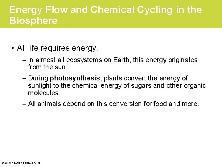 Energy Flow and Chemical Cycling in the Biosphere • All life requires energy. –