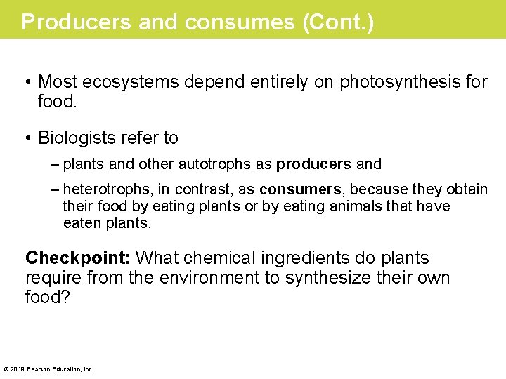 Producers and consumes (Cont. ) • Most ecosystems depend entirely on photosynthesis for food.