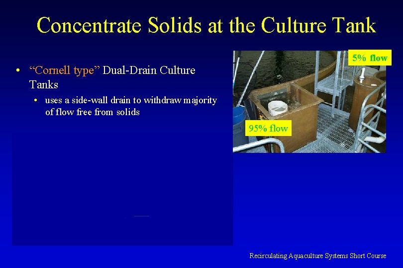 Concentrate Solids at the Culture Tank 5% flow • “Cornell type” Dual-Drain Culture Tanks