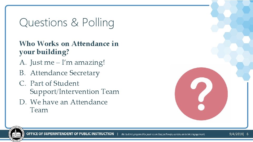 Questions & Polling Who Works on Attendance in your building? A. Just me –