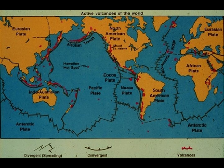 World map of active volcanoes (red dots), plate boundaries, land oceans. Tilling, R. I.