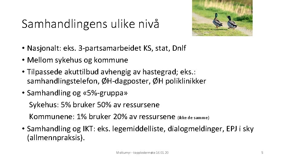 Samhandlingens ulike nivå • Nasjonalt: eks. 3 -partsamarbeidet KS, stat, Dnlf • Mellom sykehus