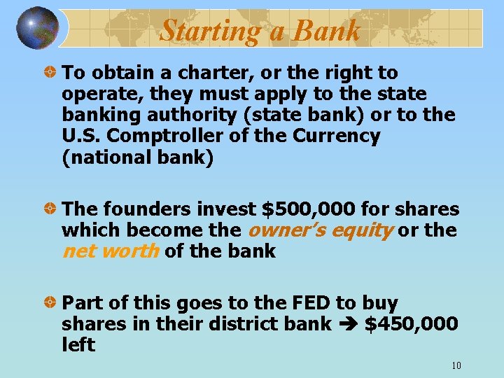 Starting a Bank To obtain a charter, or the right to operate, they must