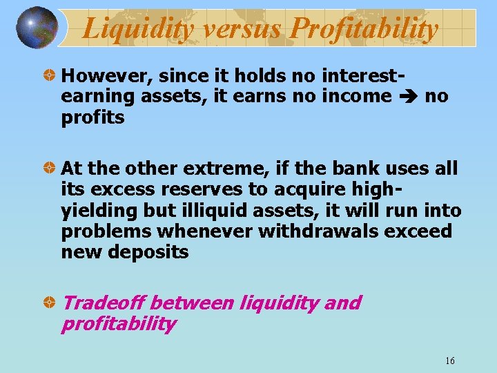 Liquidity versus Profitability However, since it holds no interestearning assets, it earns no income
