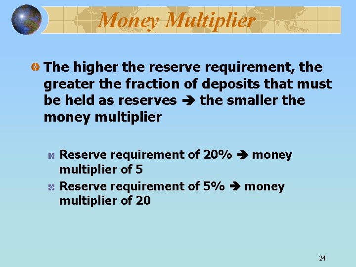 Money Multiplier The higher the reserve requirement, the greater the fraction of deposits that