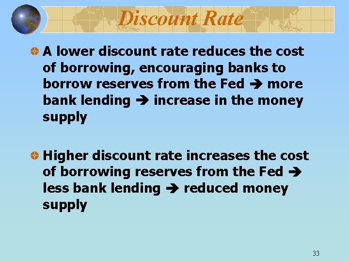 Discount Rate A lower discount rate reduces the cost of borrowing, encouraging banks to