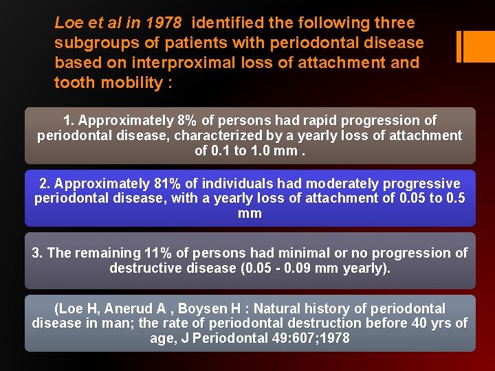 Loe et al in 1978 identified the following three subgroups of patients with periodontal