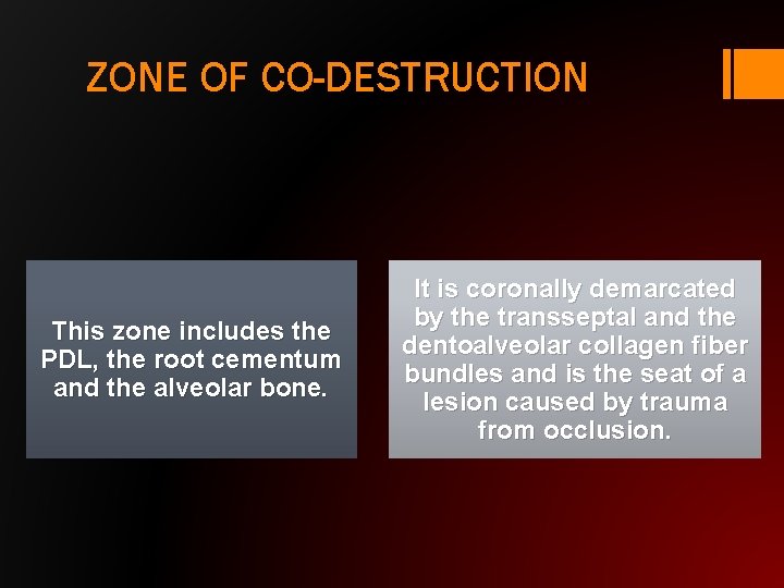 ZONE OF CO-DESTRUCTION This zone includes the PDL, the root cementum and the alveolar