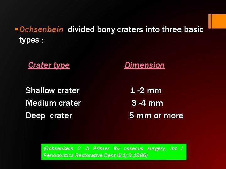 § Ochsenbein divided bony craters into three basic types : Crater type Shallow crater