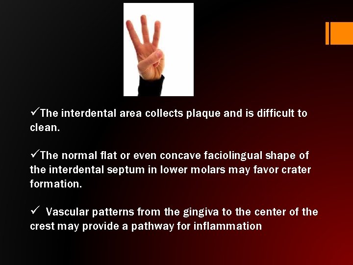 üThe interdental area collects plaque and is difficult to clean. üThe normal flat or