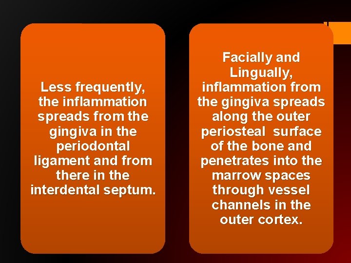 Less frequently, the inflammation spreads from the gingiva in the periodontal ligament and from