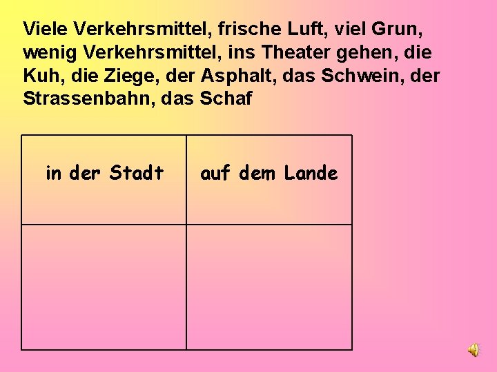 Viele Verkehrsmittel, frische Luft, viel Grun, wenig Verkehrsmittel, ins Theater gehen, die Kuh, die