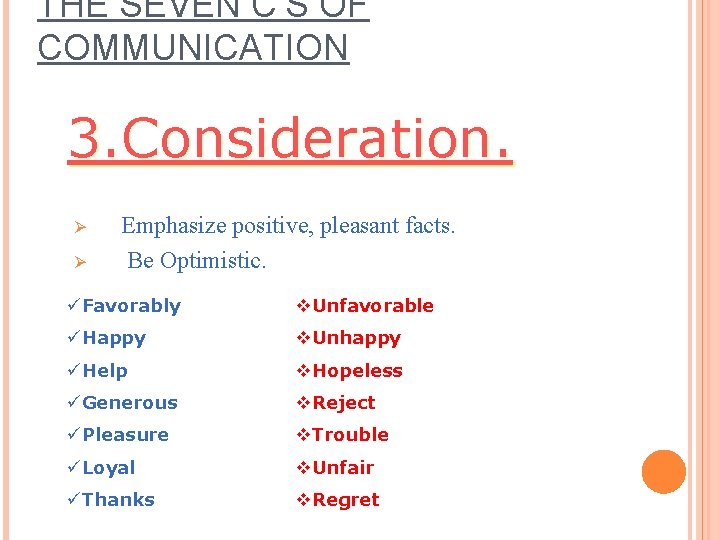 THE SEVEN C’S OF COMMUNICATION 3. Consideration. Ø Ø Emphasize positive, pleasant facts. Be THE SEVEN C’S OF COMMUNICATION 3. Consideration. Ø Ø Emphasize positive, pleasant facts. Be