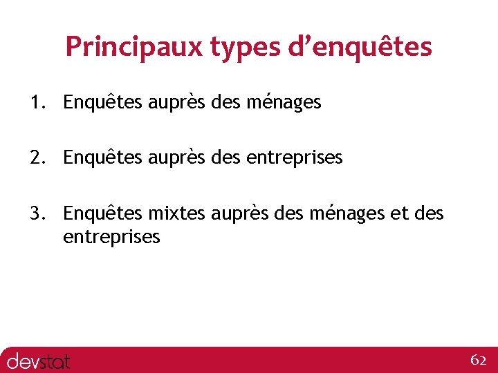 Principaux types d’enquêtes 1. Enquêtes auprès des ménages 2. Enquêtes auprès des entreprises 3.